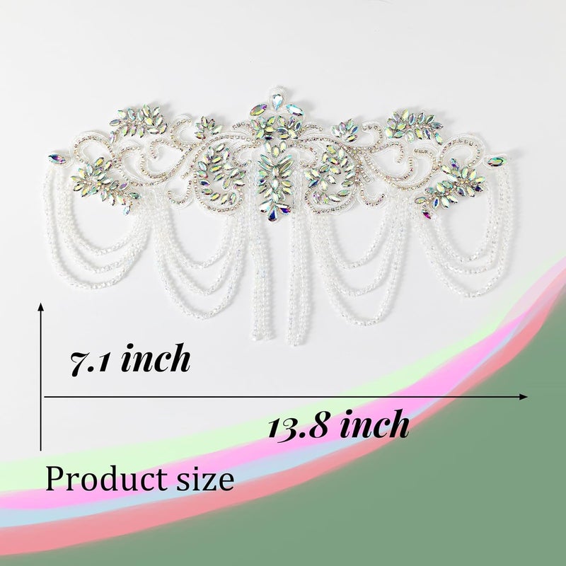 amusediy Clear AB Beaded Rhinestones Applique Embellishment for Clothes,Epaulettes Shoulder Patches Sew-on Diamond Sequin Applique for Wedding Dress DIY Accessories Belt Waist Decoration - Image 2